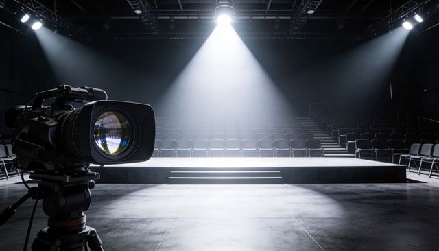 Broadcast camera filming empty center stage under spotlight in dark studio auditorium