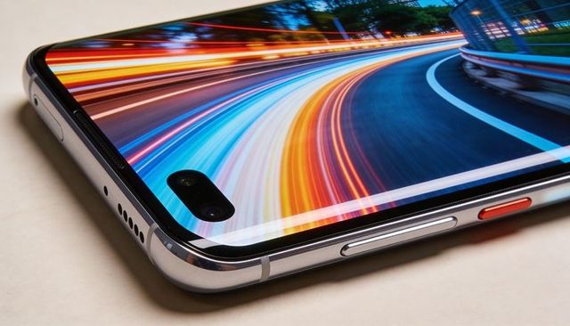 Curved-edge smartphone closeup with dual punch-hole cameras and vibrant light trails