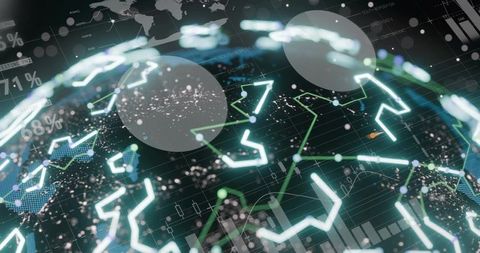 Rotating digital globe displaying neon network lines, nodes and data analytics grid