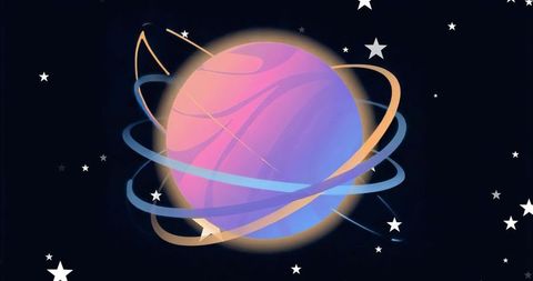 Glowing Purple-Pink Planet with Orbiting Rings and Stars Futuristic Cosmic Illustration