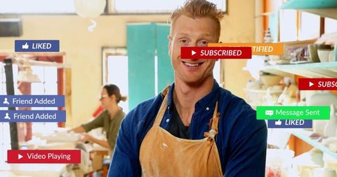 Happy Potter Multitasking with Social Media Notifications in Artisan Studio