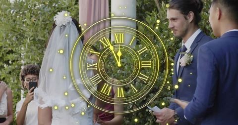 Garden wedding exchanging vows bride in veil groom in navy suit with golden clock overlay