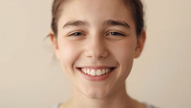 Smiling teenage girl closeup showing teeth, warm friendly expression, pulled-back hair