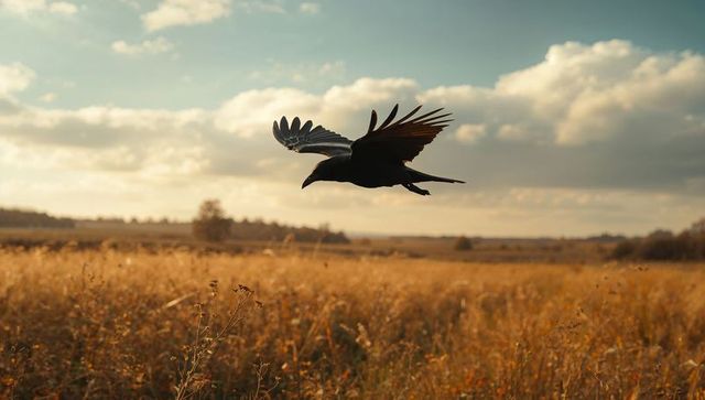 Majestic Bird in Flight Over Serene Grassland at Sunrise