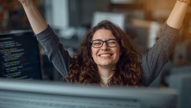Excited software developer celebrating successful code deployment