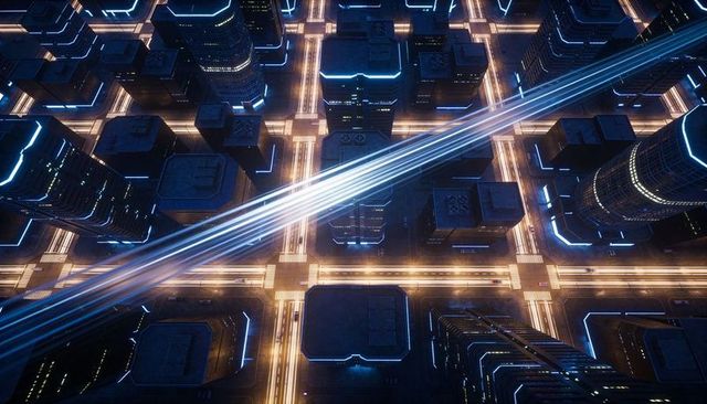 Glowing neon city grid revealing diagonal light trail over futuristic downtown