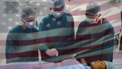 Surgeons in Operating Theater with Superimposed American Flag