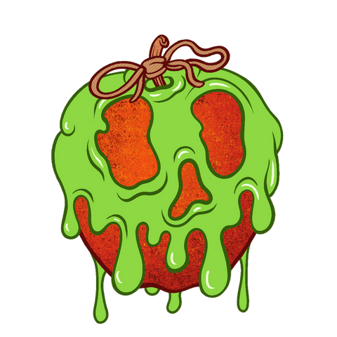 Whimsical skull slime dripping apple on transparent backdrop