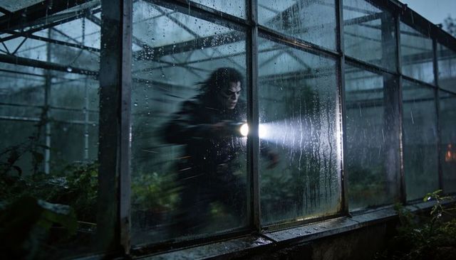 Searching man shining flashlight inside rain-soaked greenhouse night investigation suspense