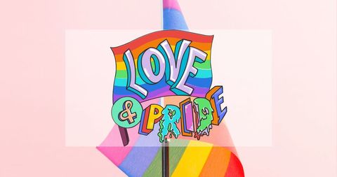 Colorful Love and Pride Signs with Rainbow Flag Background
