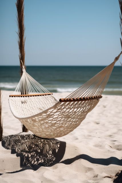 Perfect for illustrating tropical vacations and relaxation, this image shows an empty woven hammock swinging gently above sandy beach with a calm ocean backdrop. Ideal for travel promotions, vacation rentals, and travel blogs.