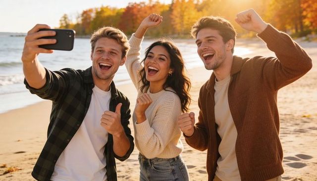 Friends taking selfie on lakeside beach during golden autumn, laughing and celebrating