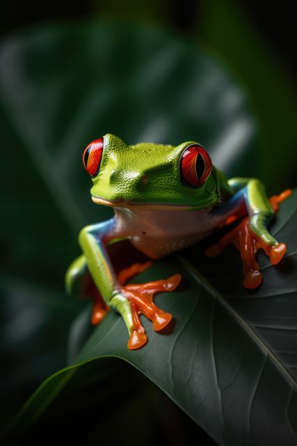 Red-eyed tree frog resting on large, green leaf in tropical environment. This image ideal for wildlife conservation projects, animal documentaries, education material and nature-themed designs. Perfect for high-quality posters and nature magazines, emphasizing the beauty and diversity of tropical ecosystems.