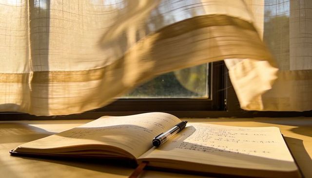 Sunlit journal with pen on windowsill, handwritten notes and fluttering curtain