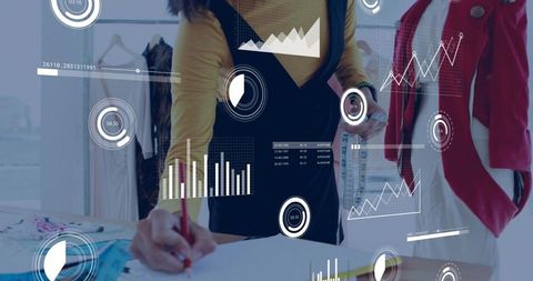 Fashion designer sketching pattern and measuring fabric with digital data overlays