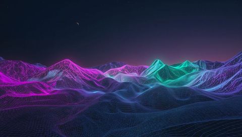Glowing Neon Wireframe Mountains Rolling Across Night Virtual Landscape with Crescent Moon