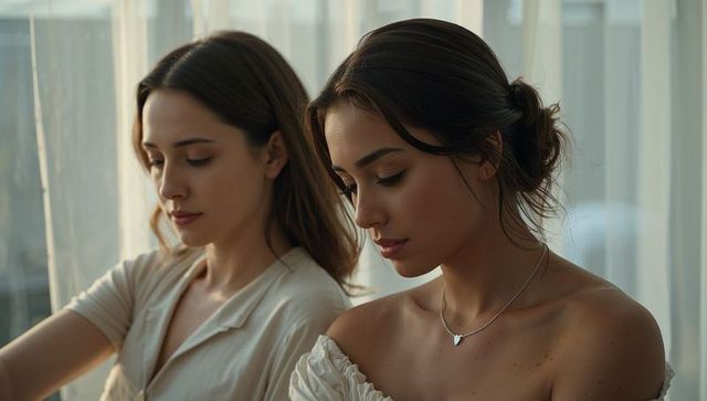 Intimate portrait of two women by window in soft natural light wearing heart pendant