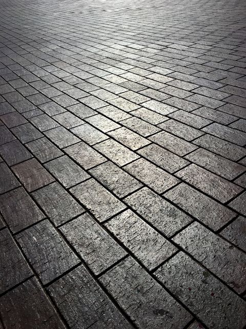 This image captures a glistening wet cobblestone street, showcasing a beautifully textured pattern of dark, slick stones. The photo highlights the reflective qualities of the wet surface, creating an atmospheric urban scene. Suitable for use in architectural portfolios, urban design projects, travel blogs, and background textures for marketing materials.