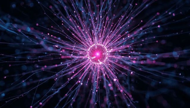 Radiating neon core with purple-blue tendrils and mesh nodes, futuristic neural network