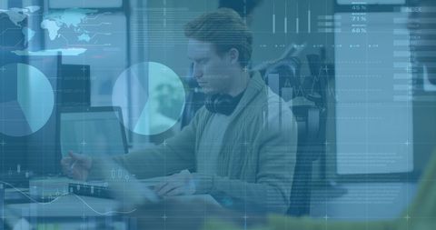 Futuristic Office with Financial Data Overlay