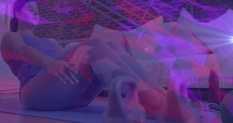 Virtual fitness: woman exercising at home with digital overlay