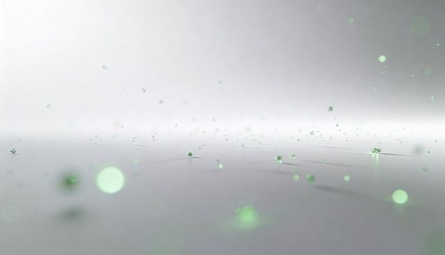 Emerald particles drifting on pale plane with soft bokeh and tech data concept