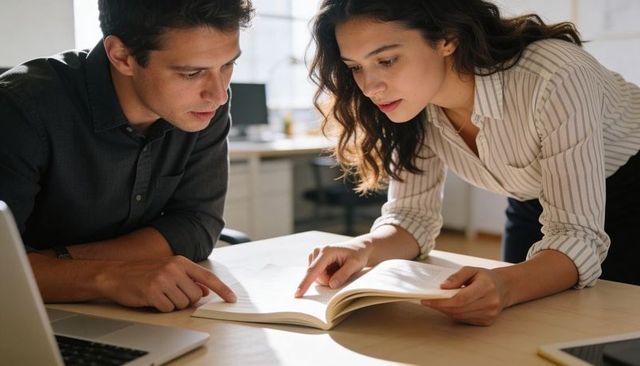 Young professionals collaborating over open book at sunlit office desk for focused learning
