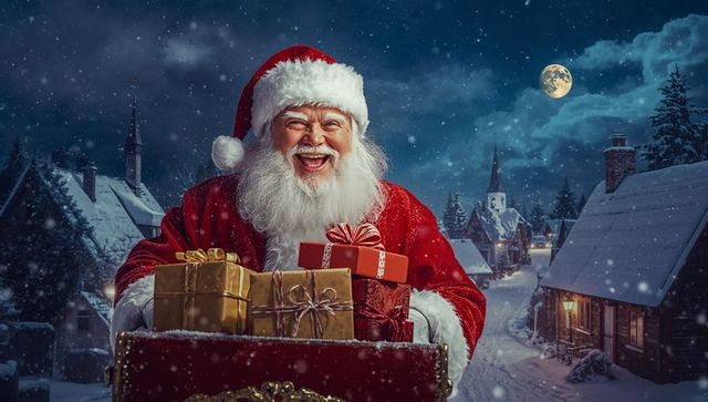 Cheerful Santa in Snowy Village with Gift Boxes at Night