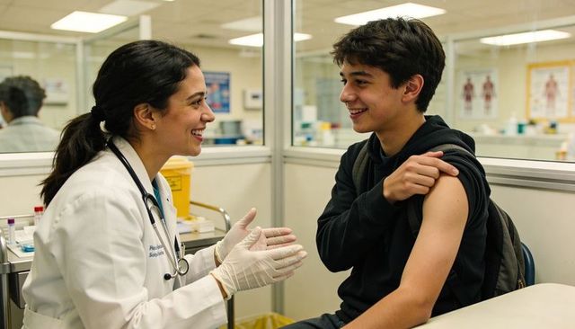 Smiling clinician preparing teen vaccination in clinic, adolescent medical consultation