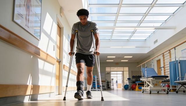 Young man walking on crutches in rehabilitation clinic wearing medical boot under skylight