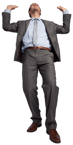 Businessman in Gray Suit with Raised Hands Standing on Transparent Background