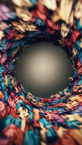 Rotating Kaleidoscopic Tunnel Ring Circling Gray Center While Camera Panning Vertical Loop