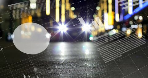 Futuristic Data Analytics Over Blurred Urban Cityscape with Car Lights