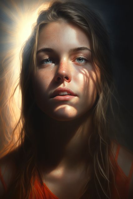 Portrait of thoughtful caucasian woman with freckles and sun, created using generative ai technology. Portrait and character, digitally generated image.