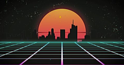 Retro Futuristic Cityscape with Neon Sun