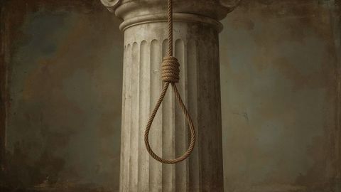 Rustic noose suspended from dramatic ancient column