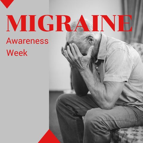 Elderly man suffering from migraine pain in black and white