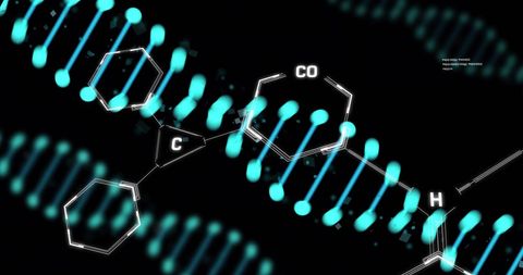 Chemical structure with dna helix overlay highlighting genetics