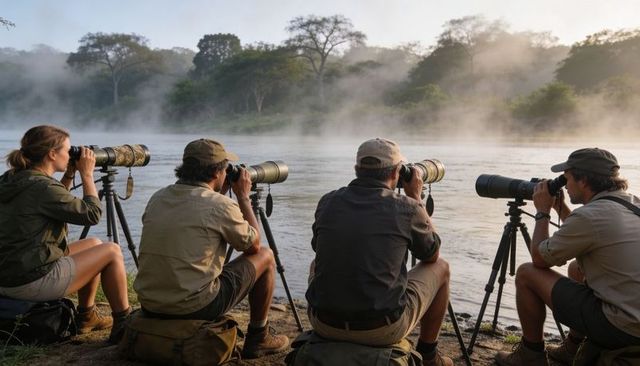 Wildlife photographers capturing birds with telephoto lenses at misty riverbank sunrise