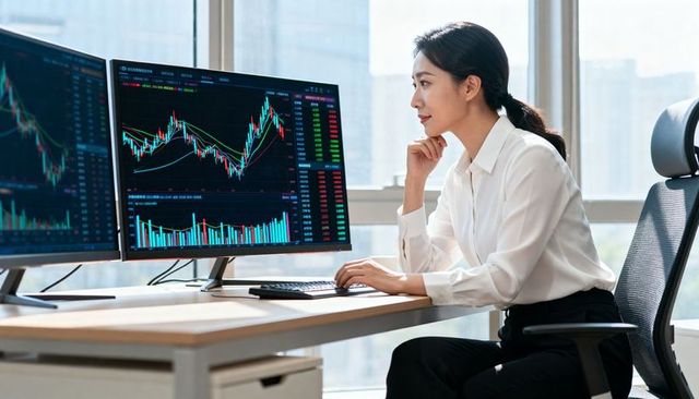 Asian woman analyzing stock charts on dual monitors in modern office with city skyline