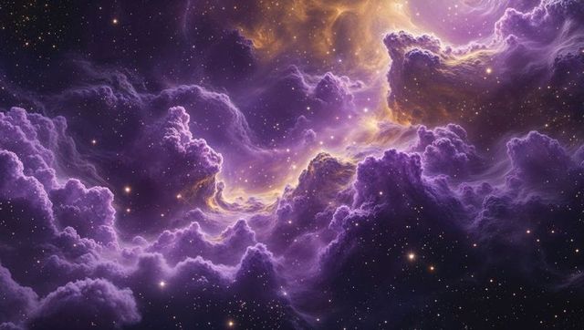 Majestic Purple and Gold Galactic Cloudscape Unveiling Cosmic Wonders