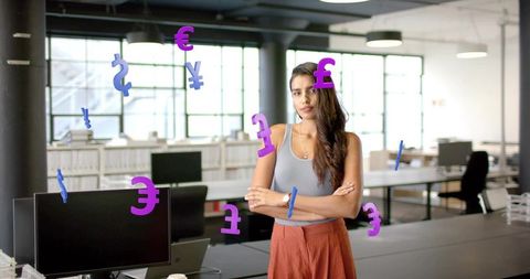 Professional Woman in Open Office with Digital Currency Icons