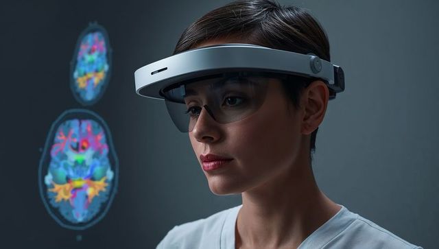 Clinician wearing augmented reality headset analyzing brain holograms for neuroscience