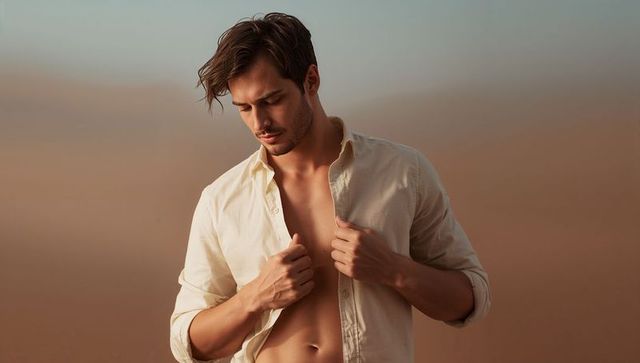 Holding open beige button-down shirt gazing down at torso minimal moody studio portrait