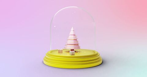 Holiday Snow Globe with Christmas Tree and Gifts on Pink Gradient