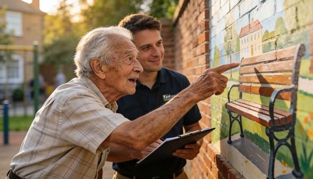 Elderly resident pointing at mural while caregiver holds clipboard in sunny courtyard