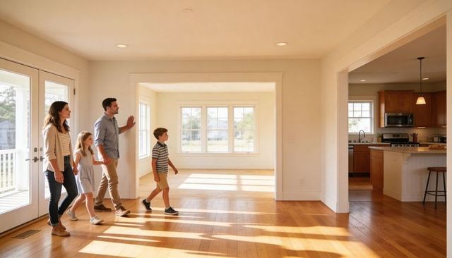 Family touring sunlit open-plan home with hardwood floors and modern kitchen