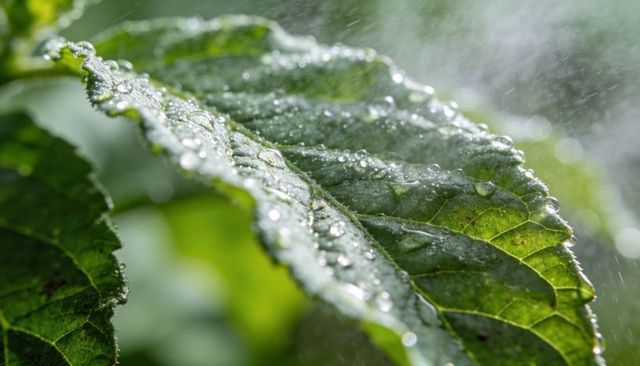 Macro dew on serrated green leaf with mist and bokeh, glistening veins and texture