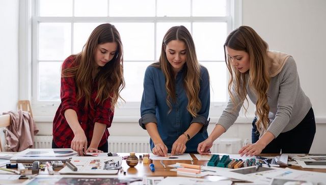 Three women collaborating on design layouts with sketches, color swatches and craft tools