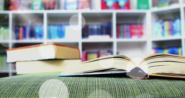 Open book positioned on green fabric surface with illuminated spots of light creating a magical atmosphere. Numerous bookshelves filled with colorful books in the background, symbolizes knowledge and education. Suitable for educational materials, reading campaigns, International Literacy Day, bookshops, libraries, study guides, life-long learning promotions.